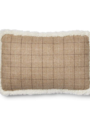 Kariertes Wollkissen | 100% Wolle | Fellborte | 34x52 cm Haferflocken-Beige/Elfenbein